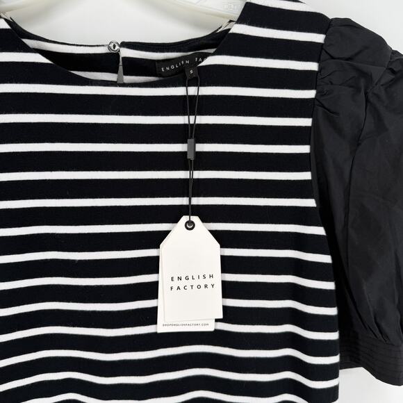 The English Factory High Low Knit Combo Dress Puff Sleeve Black White Small - Picture 4 of 8